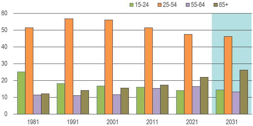 Bar figure showing the percentage distribution of the working-age population by age group in  1981, 1991, 2001, 2011, 2021 and 2031. The data is shown on the table following this figure